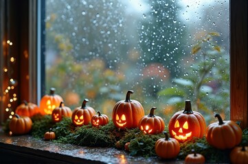 Rainy day halloween window display with carved jack-o'-lantern pumpkins