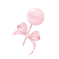 Pink bow on a lollipop stick. Watercolor digital illustration. The concept of a girl with bows and sweets, isolated on a white background. For birthdays, holidays, and children's textiles.
