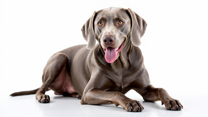 A Weimaraner dog sitting and panting against a plain white background, showcasing its sleek gray coat and attentive expression