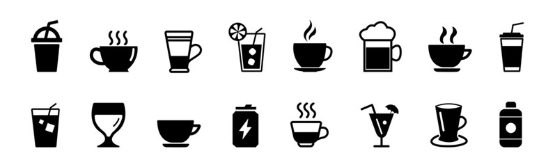 Beverages and smoothies glyph icon set. Vector pictograms of protein, shake, detox, kombucha, sparkling water bottle, takeaway, almond milk, black sign silhouette.