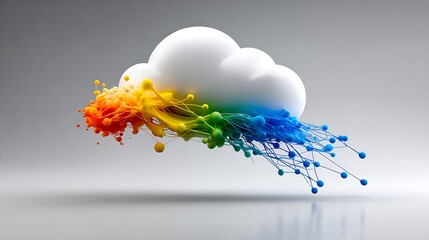 smooth white cloud bursting into colorful orange, yellow, green, and blue digital connections.