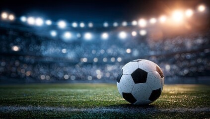 A soccer ball rests on a vibrant green field under stadium lights