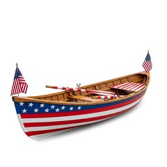 A wooden rowboat, adorned with the patriotic colors and design of the American flag, displays a classic American aesthetic.