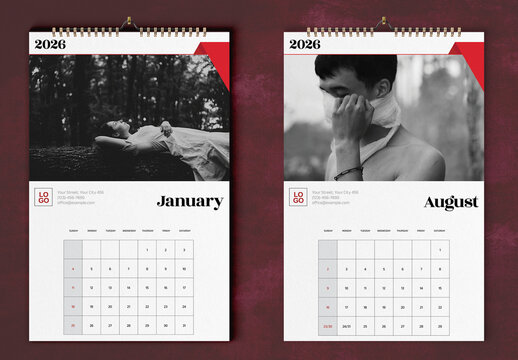 Red Grayscale Lifestyle Tabloid Wall Calendar 2026 Layout