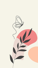 Minimalist Abstract Botanical Illustration with Butterfly