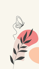 Minimalist Abstract Botanical Illustration with Butterfly