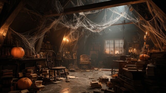 Spooky attic library with cobwebs and pumpkins in candlelight ambience - Powered by Adobe