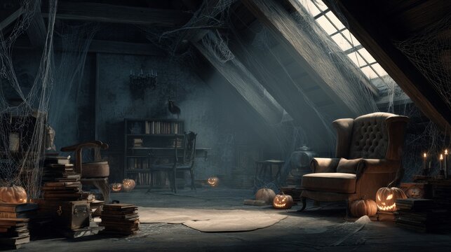 Spooky attic with cobwebs and pumpkins at dusk - Powered by Adobe