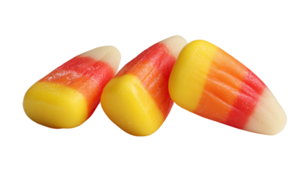 Traditional candy corn sweets in bright seasonal colors, isolated on transparent background 