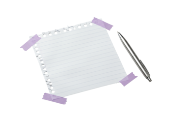 Crisp white lined paper with blue lines, torn edge, circular perforations, secured by light purple tape, next to a silver pen against a clean transparent background, precision product concept