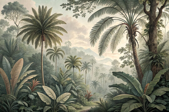 Lush tropical jungle scene with towering palm trees and dense foliage