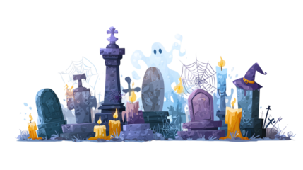 Vector illustration of graveyard tombstones, ghost, spiderweb, witch hat, and melting candles isolated on transparent background 