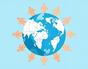 Naklejka premium Stylized figures encircle a prominent Earth globe, representing global unity, environmental stewardship, and the collective journey towards a sustainable future for all