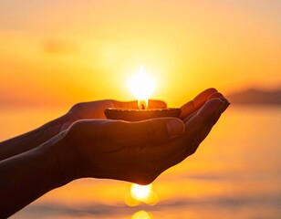 "Hands forming a silhouette around a glowing diya flame, with the background lit by a golden sunset. Peaceful, spiritual, and meditative mood. High resolution, warm tones."