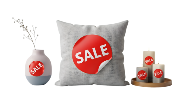 Stunning sale announcement with decorative pillow, vase, and candles for retail promotions