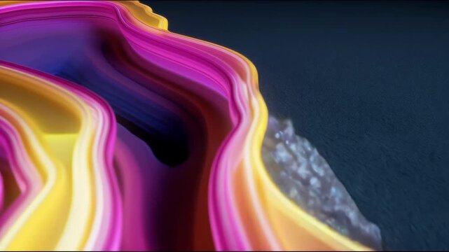 Abstract 3D shape with layered neon contours and glowing edges resembling a geode cross-section on a dark background