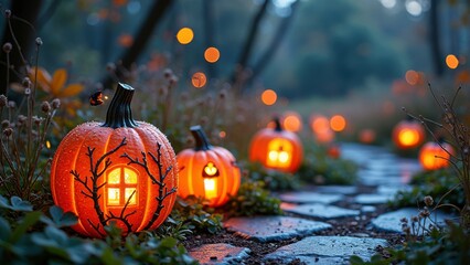 Glowing jack-o'-lanterns light a cobblestone pathway in a mystical forest