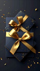 Stacked dark blue gift boxes with gold ribbon bows, confetti
