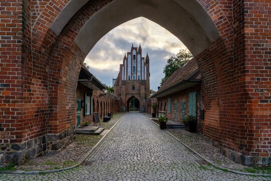 view of the historic medieval Friedland city gate in Neubrandenburg