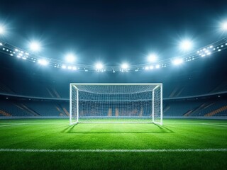 Fototapeta premium football goalpost on green pitch with empty stadium under floodlights
