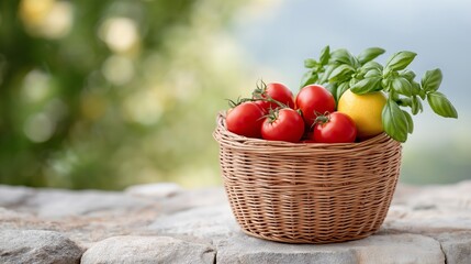 Fresh tomatoes and lemon in a rustic woven basket, surrounded by vibrant basil leaves, set against a blurred natural background, embodying the essence of Italian cuisine and rustic charm