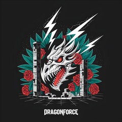 Aggressive dragon head with roses and lightning bolts