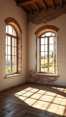 Sunlight streams through arched windows illuminating a herringbone floor in a rustic room with unfinished brick work