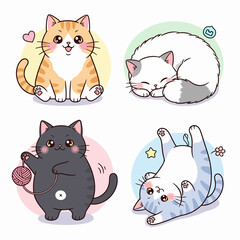 Set Kawaii Cats in Colorful Squares: Playful Cats, Yarn, and Cozy Moments Collection