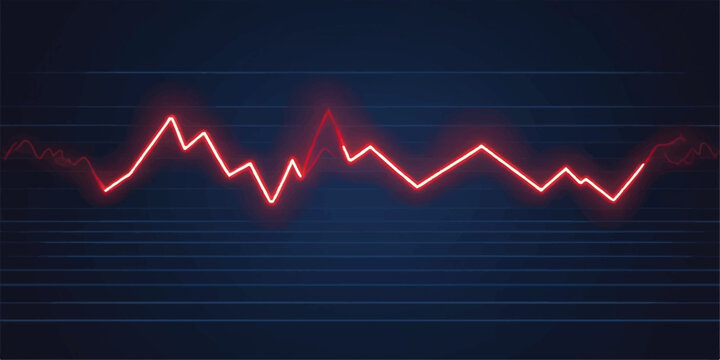 Red cardiogram line graph on a monitor showing a volatile stock market heartbeat with an arrow pointing down in finance