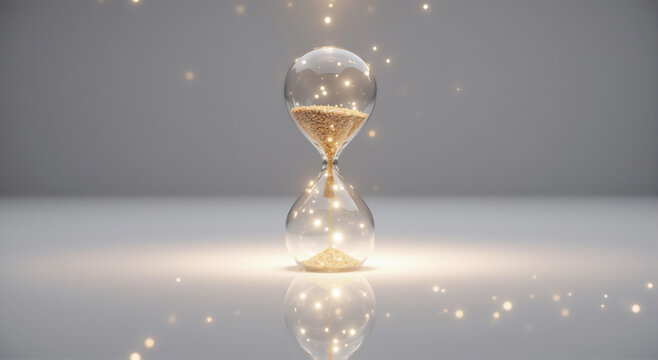 Conceptual image of time running out, a luminous hourglass counting down with a magical glow against a clean background