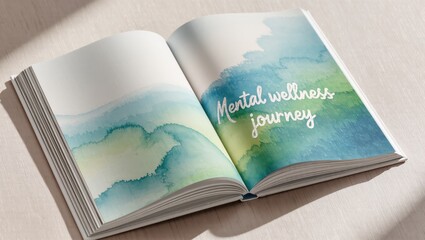 Open book with watercolor art and the phrase mental wellness journey on the pages
