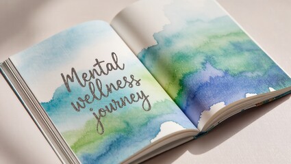 Open Book on Mental Wellness Journey with Soft Watercolor Abstract Background