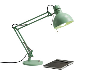 Modern light green desk lamp with articulated arm, sleek black notebook, and silver pen, isolated on a pure transparent background with no shadows, floating. Elegant high-tech product display