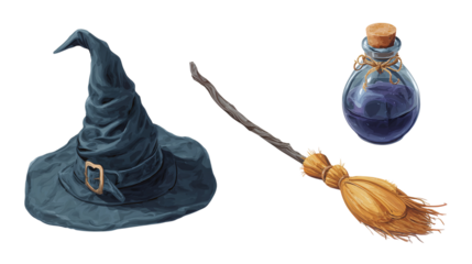 Witch accessories PNG cutout set including hat, broom, and potion bottle, isolated on transparent background 