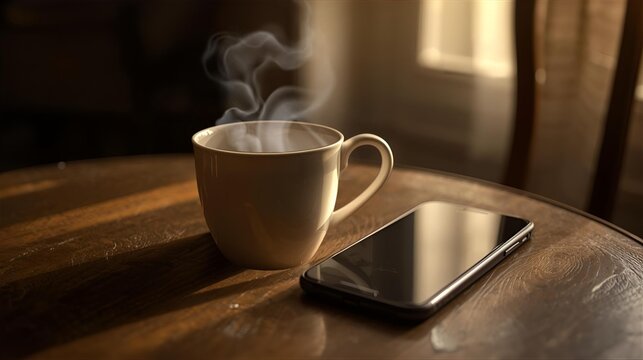 Close-up shot of a vintage coffee cup with an iPhone 17 next to it on a vintage table. The golden natural light creates a warm atmosphere. The shot is taken with soft focus, low contrast, and warm