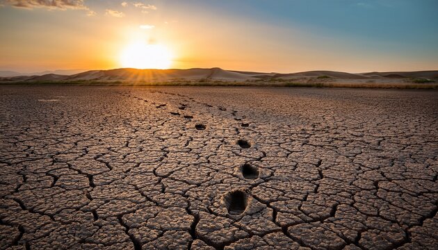 Footprints In Dried Mud Lead Off Into The Distance At Sunset Over A Parched Landscape