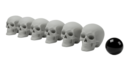 Six elegant light grey ceramic skulls and black onyx sphere in precise row on seamless transparent background, 45-degree high-angle studio shot, concept of minimalist elegance