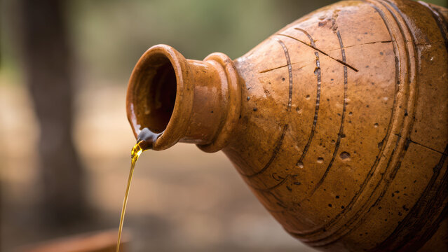 Earthen jar olive oil rustic pottery golden drip closeup anointing clay vessel natural light ancient style outdoor scene flow with calm grace