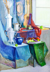 hand-painted still life with samovar and guitar