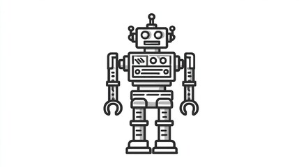 A retro-styled robot illustration, monochrome, featuring a boxy body, segmented limbs, circular eyes, and a simple antenna.  Its design evokes a vintage toy aesthetic