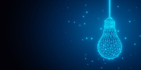 Blue glowing wireframe light bulb shape hanging on wire over dark background, innovation, brainstorming or creative invention business concept