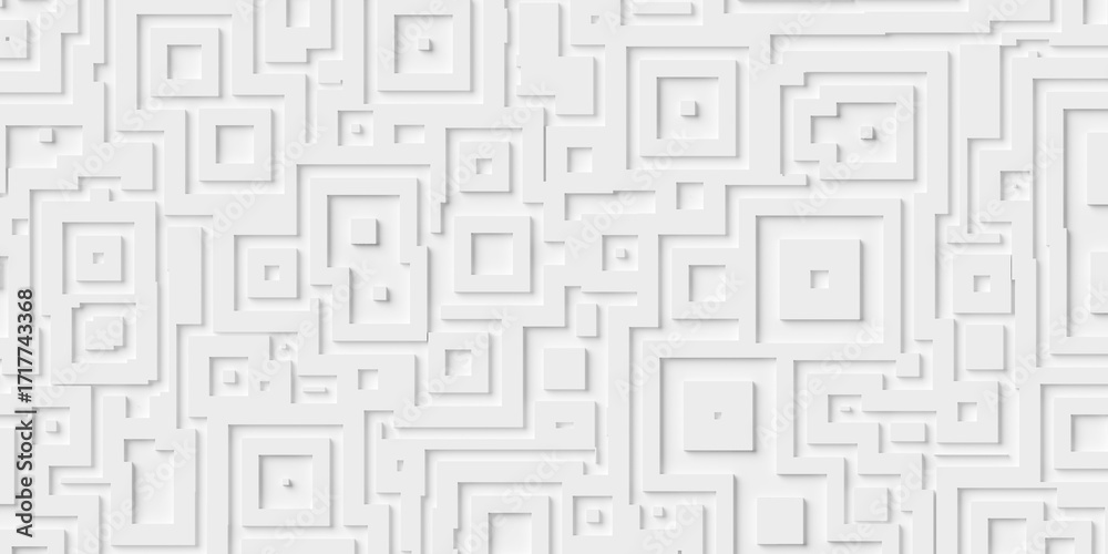 Wall mural white square and rectangle offset maze structure geometry background wallpaper banner, flat lay