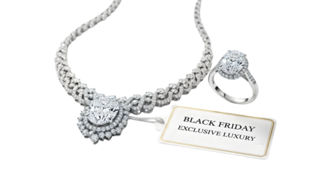 Sparkling diamond necklace and engagement ring collection with exclusive Black Friday luxury tag, a treasure trove of elegance and celebration.