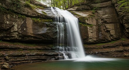 Obraz premium Serene waterfall cascading over rocky cliff in lush forest