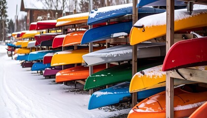 Colorful kayaks stored in a snowy rack