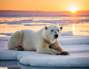Obraz premium Polar bear resting on melting ice under a radiant sunset unaware of the imminent threat of climate change and global warming, polar bear on ice