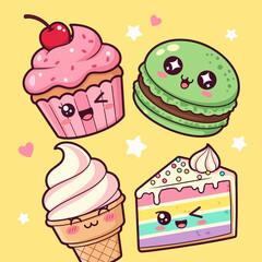 Joyful Kawaii Food Friends A Sweet Gathering of Sushi Donuts and Desserts.