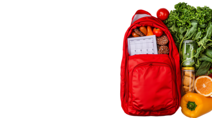 Healthy lunch in red backpack: A healthy and colorful school lunch, packed in a vibrant red backpack, showcasing fresh vegetables, fruits, and nutritious snacks for a wholesome school day. 