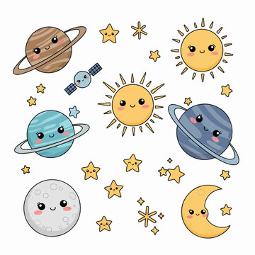 Cute Kawaii Space Scene With Planets, Sun, Moon, And Stars In A Kawaii Cartoon Style
