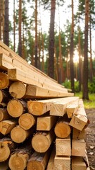 Stacked lumber in a forest